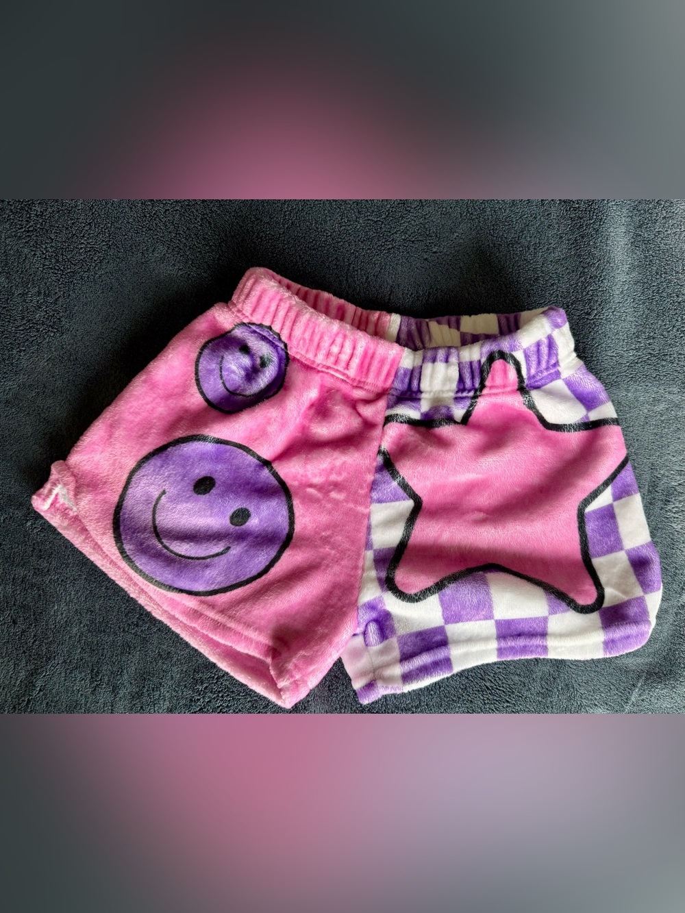 Girls Plush Pink & Purple Smile Face Shorts